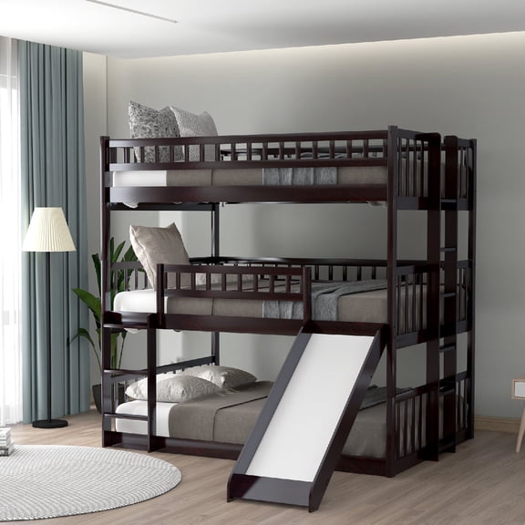 Full-Over-Full-Over-Full Size Bunk Bed with Built-in Ladder and Slide, Wooden Triple Bunk Bed with Guardrails for Bedroom, Apartment, Dorm, Space-Saving Design, Mattress Not Included, Espresso