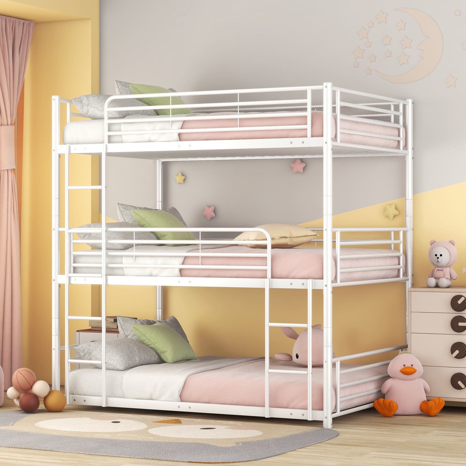 FullOverFullOverFull Triple Bunk Bed with Builtin Ladder, Metal 3