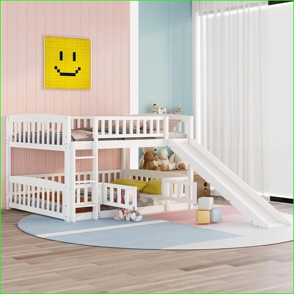 Full Over Full Pine Wood Bunk Bed with Slide & Ladder  No Box Spring Needed  White for Teen Bedrooms