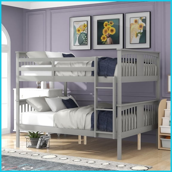 Full Over Full Pinewood Bunk Bed Frame - No Box Spring Needed, Splits into 2 Beds, Gray for Bedroom Guest Room