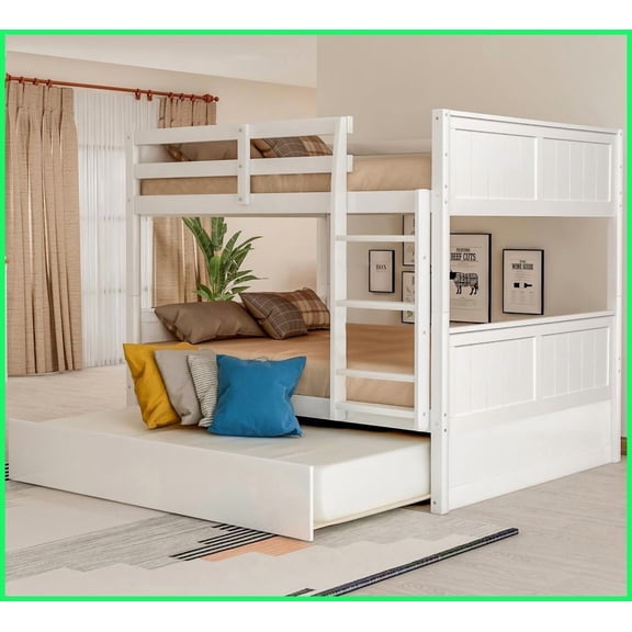 Full Over Full Pinewood Bunk Bed with Twin Trundle - No Box Spring Needed, White for Home Sleepovers