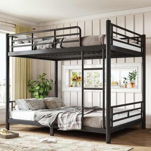 Full Over Full Round Tube Metal Bunk Bed, Detachable Into Two Beds, Space-Saving Noise-Reduced Design, Black