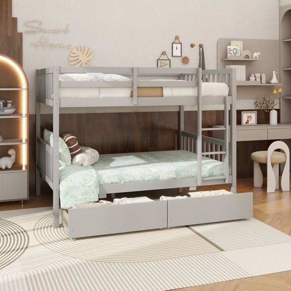 Full Over Full Rubber Wood Bunk Bed with 2 Drawers, Convertible into 2 Full Beds, full Size Bunk Bed with Ladder and Safety Guardrails ,Grey