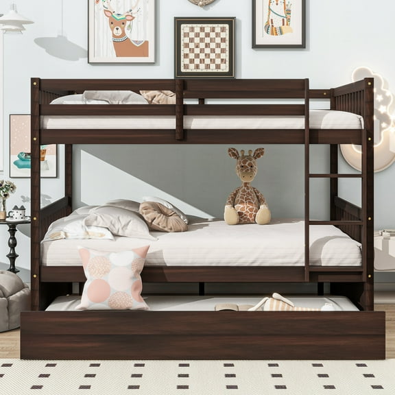 Full Over Full Rubber Wood Bunk Bed with Trundle, Ladder and Guardrails, Convertible to 2 Full Size Beds, with Twin Size Trundle ,Espresso