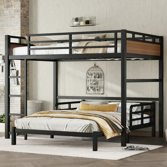 Full Over Full Separable Metal Bunk Bed/Loft Bed, Raised Security Fence - Walnut