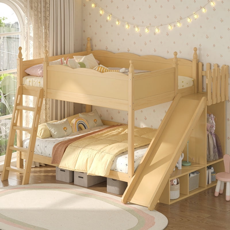 Full-Over-Full Size Kids Bunk Bed with Open Storage Shelves & Small Wardrobe, Wooden Princess Bed Frame with Ladder & Slide