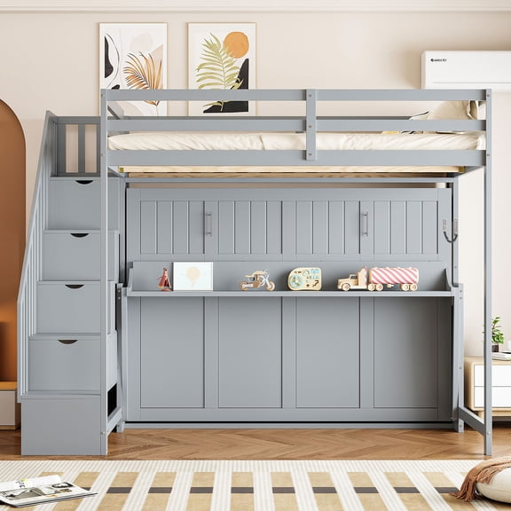 Full Over Full Size Murphy Bed with Hydraulic Lift & Desk Design, Gray(Old sku:LP000698AAE)