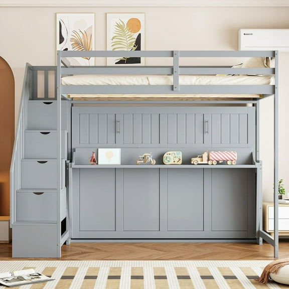 Full Over Full Size Murphy Bed with Hydraulic Lift & Desk Design - Gray