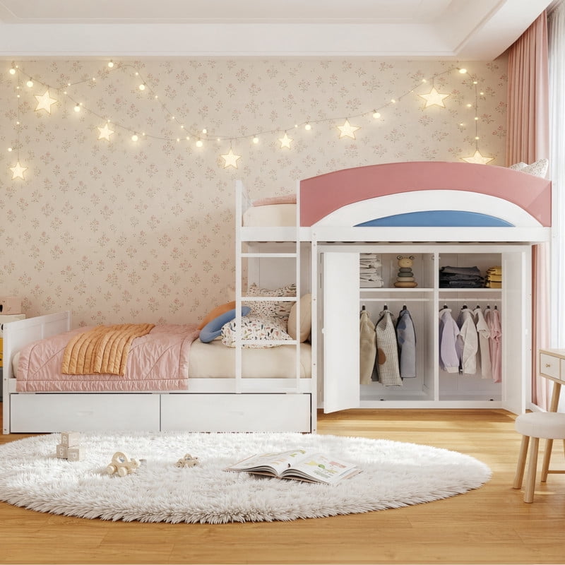 Full-Over-Full Size Offset Bunk Bed with Wardrobe & Built-in Hanging Rod, Storage Kids Bed Frame with 2 Drawers & Guardrail