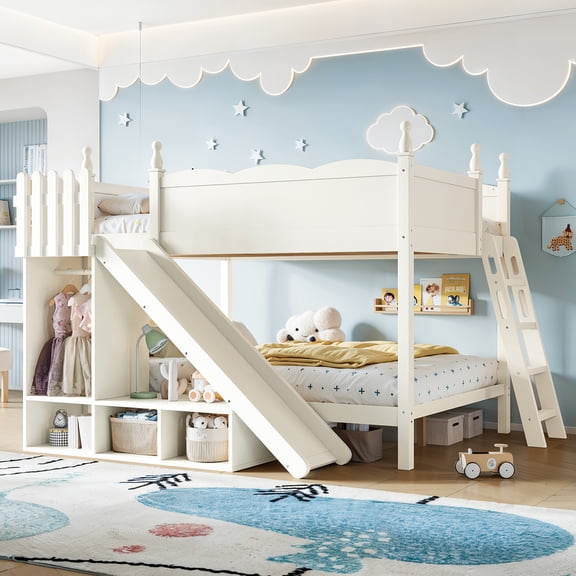 Full Over Full Solid Wood Bunk Bed with Storage Shelves & Built-In Slide, Low Profile Frame with Ladders, Beige