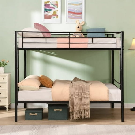 Full Over Full Solid and Stable Metal Bunk Bed, No Box Spring Needed, Easy Assemble (Black)