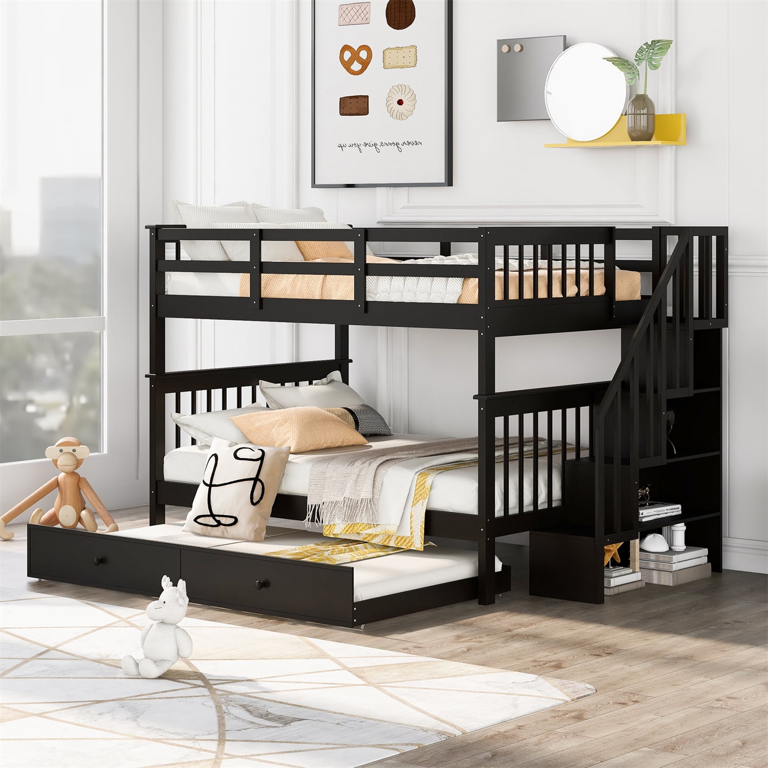 FullOverFull Stairway Bunk Bed with Twin size Trundle, Solid Wood