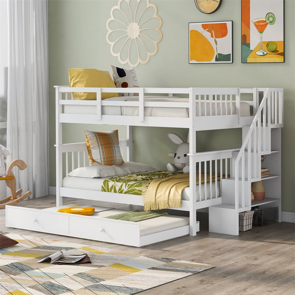 FullOverFull Stairway Bunk Bed with Twin size Trundle, Solid Wood