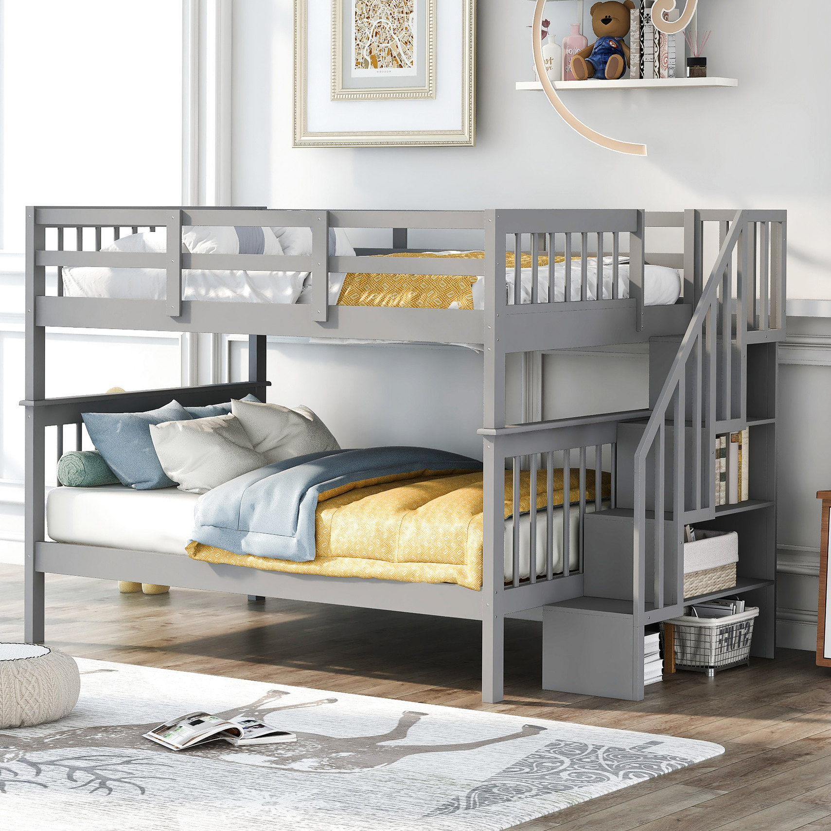 Full-Over-Full Stairway Bunk Bed in Gray with Storage and Guard Rail