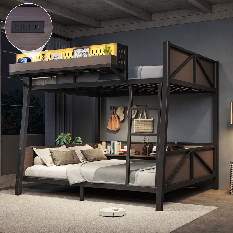 Full-Over-Full Storage Bunk Bed with Shelves, Multi-Functional Metal Bed Frame with LED Light and Charge Station for Kids,Teens