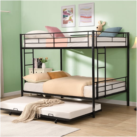 Full Over Full Trundle Bunk Bed with Stairs, Black Metal Frame, Space Saving Design, No Box Spring Needed