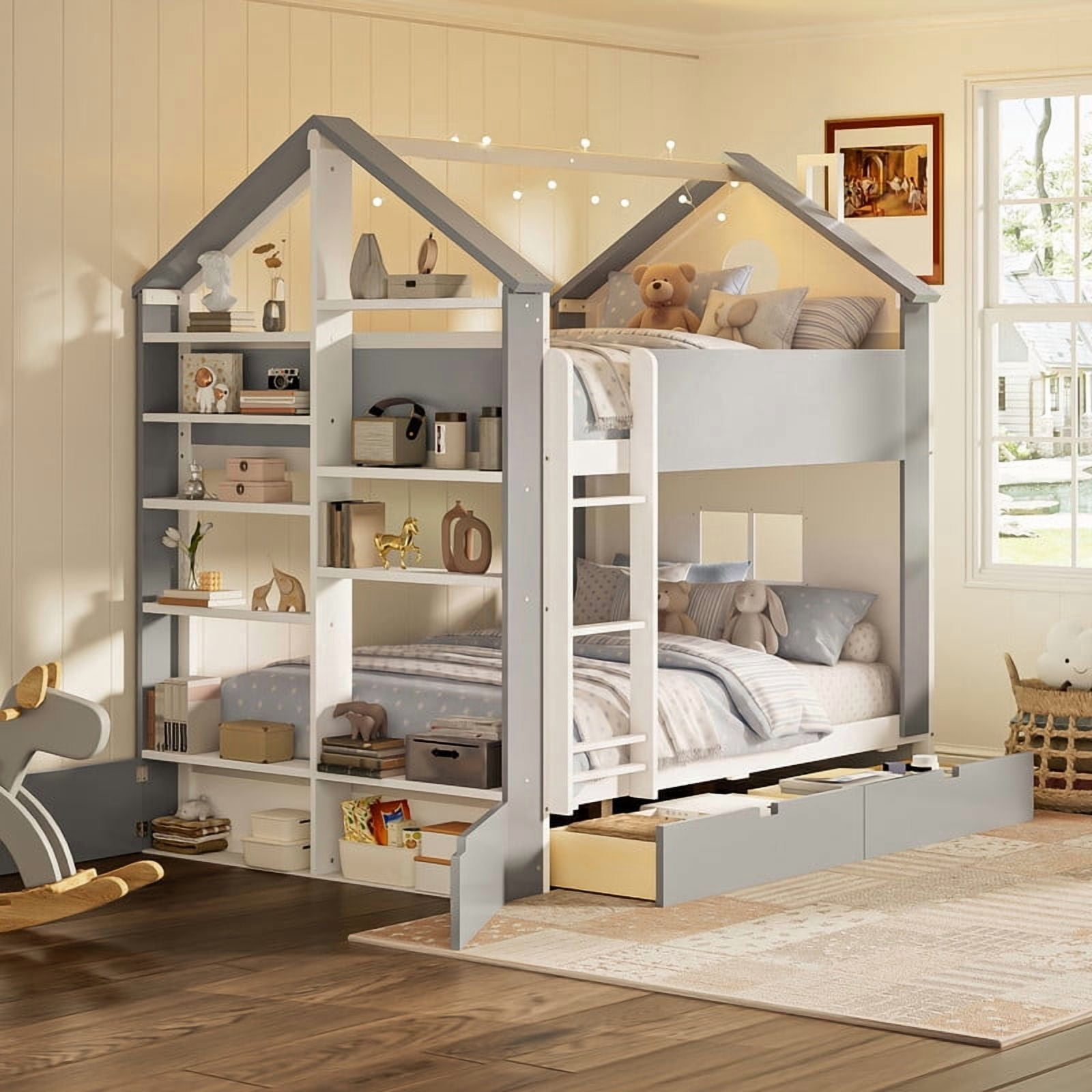 Full-Over-Full Two-Tone Accent Bunk Bed Frame with Cabinet, Drawers & Shelves, Modern Storage Kids Bed with LED Light Strip