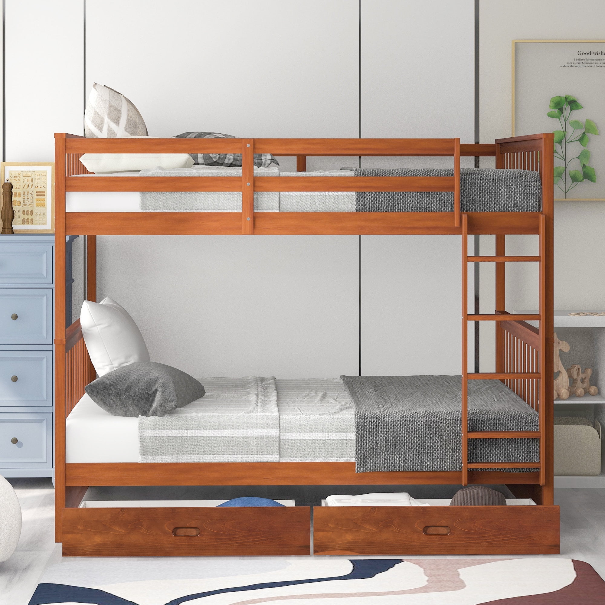 FullOverFull Wood Bunk Bed Ladders and Two Storage Drawers, Wood Bunk