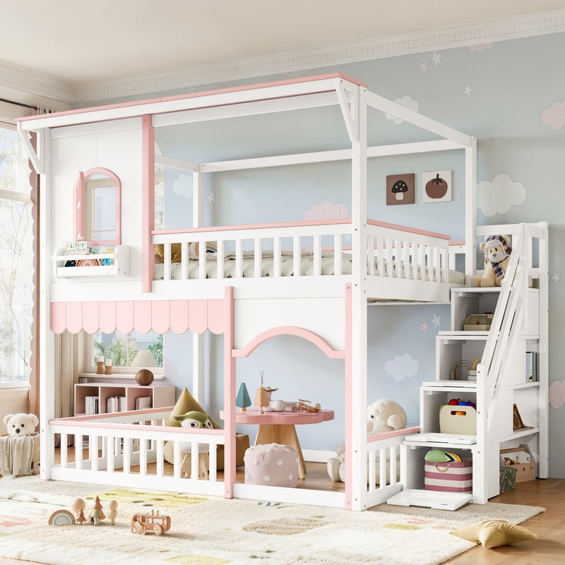 Full-Over-Full Wood Storage Bed Frame with Staircase & Small Bookshelf, Kids House Bunk Bed with Window, Eave & Door