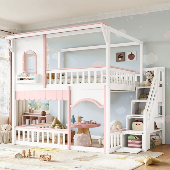 Full-Over-Full Wood Storage Bed Frame with Staircase & Small Bookshelf, Kids House Bunk Bed with Window, Eave & Door