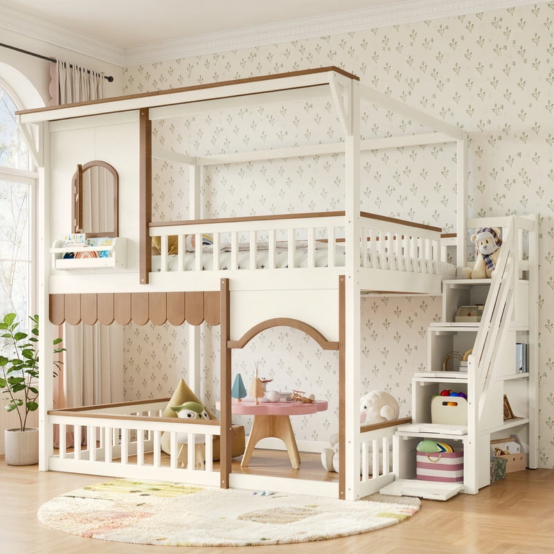 Full-Over-Full Wood Storage Bed Frame with Staircase & Small Bookshelf, Kids House Bunk Bed with Window, Eave & Door