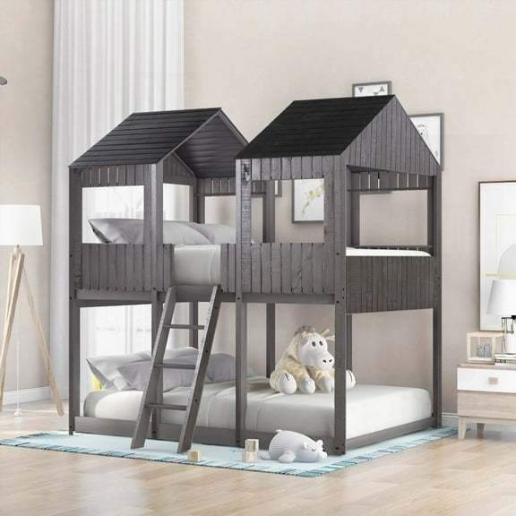 Full Over Full WoodBunk Bed in Antique Gray - with Roof, Window & Safety Features (old sku: LT000031AAE)