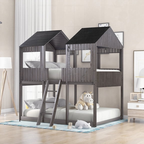Full Over Full WoodBunk Bed with Playhouse Elements - Antique Gray (old sku: LT000031AAE)