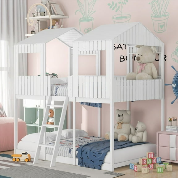 Full Over Full WoodBunk Bed with Roof - Fun Playspace & Safety | White
