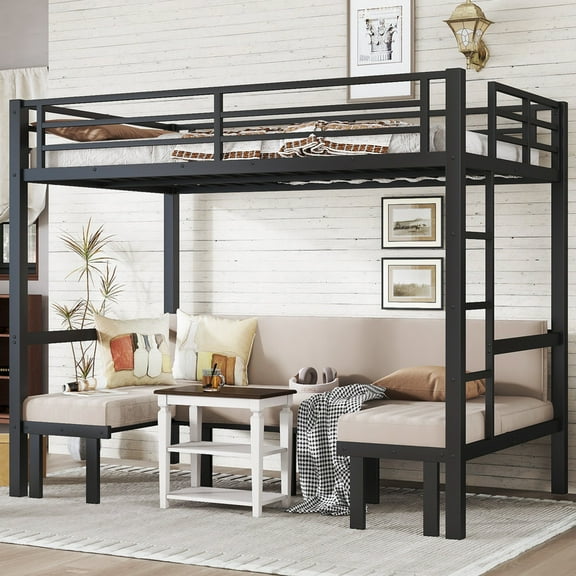 Full Over Futon Bunk Beds, Metal Bunk Bed Frame can be Converted into Bed and Couch, Full Bunk Bed with Ladder, No Box Spring Needed-Black