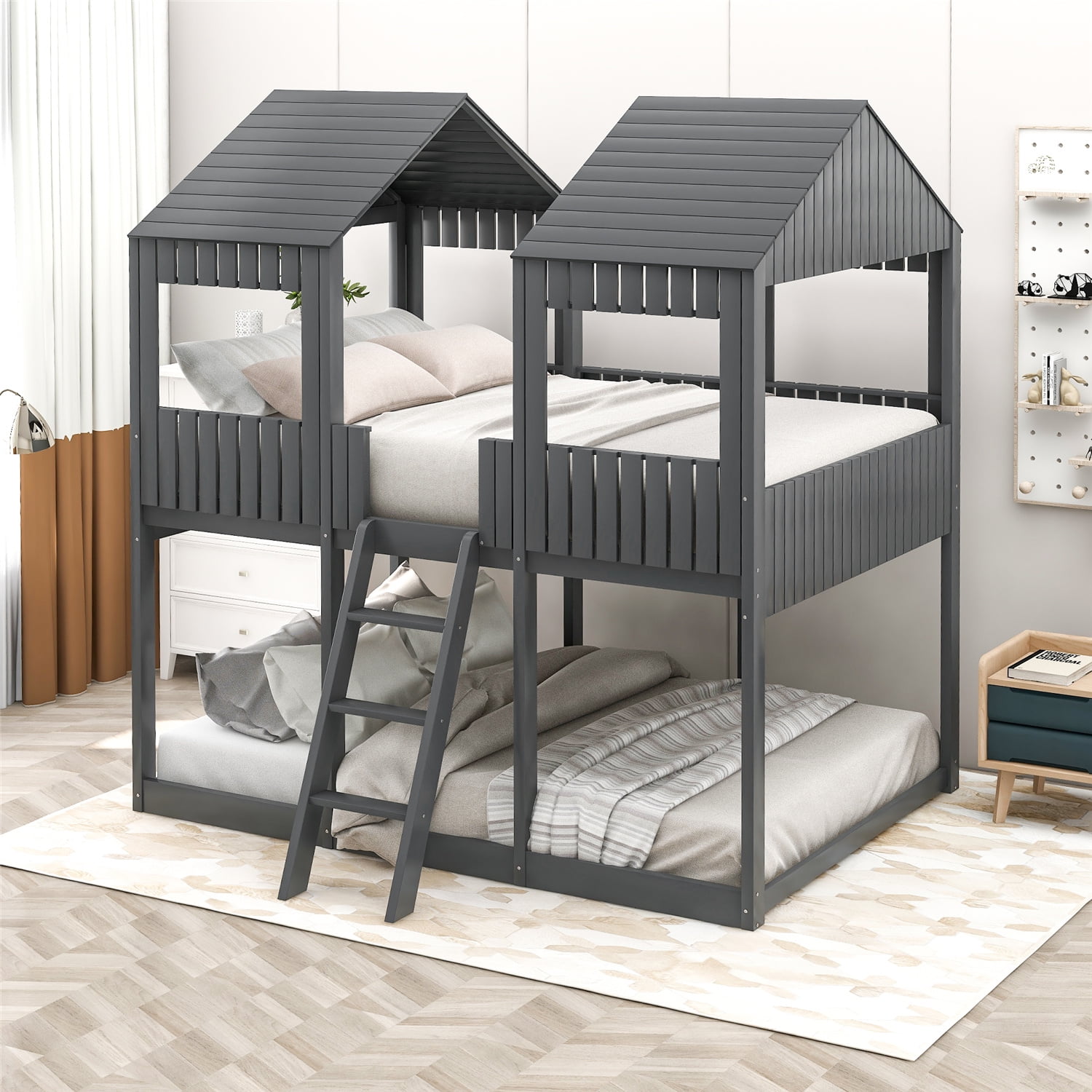 Full Over Full House Bunk Bed with Roof, Wood Low Bunk Bed Frame with