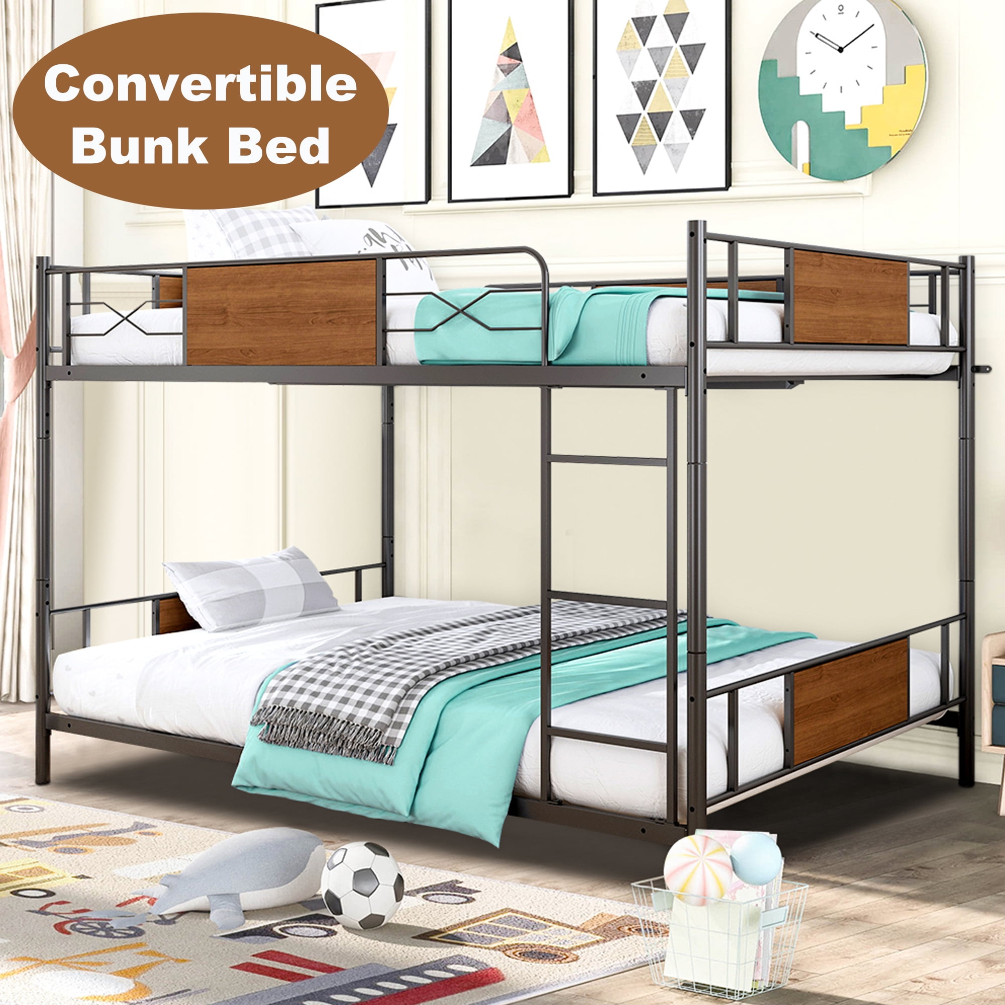Full Over Full Metal Bunk Bed, HSUNNS Industrial Metal Low Bunk Bed for