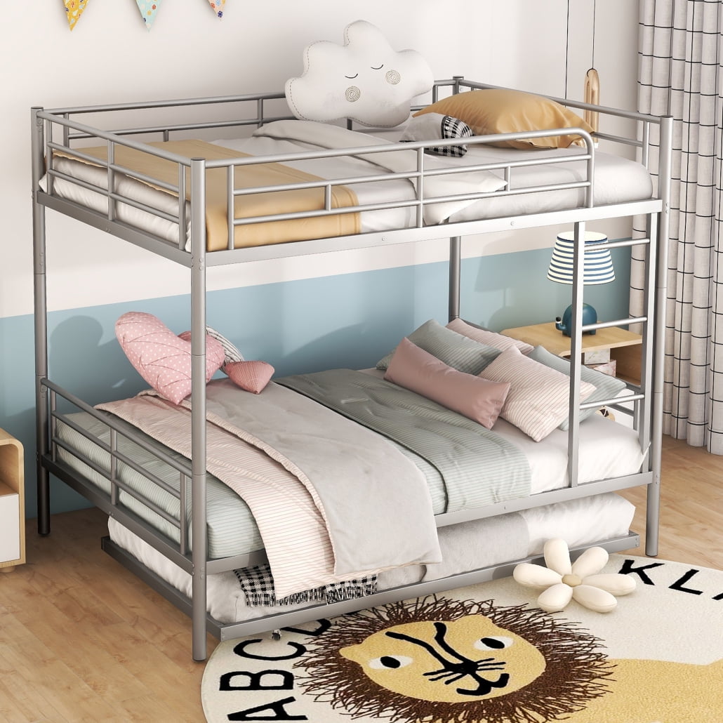 Full Over Full Metal Bunk Bed with Trundle, Heavy Duty Bunk Bed Frame