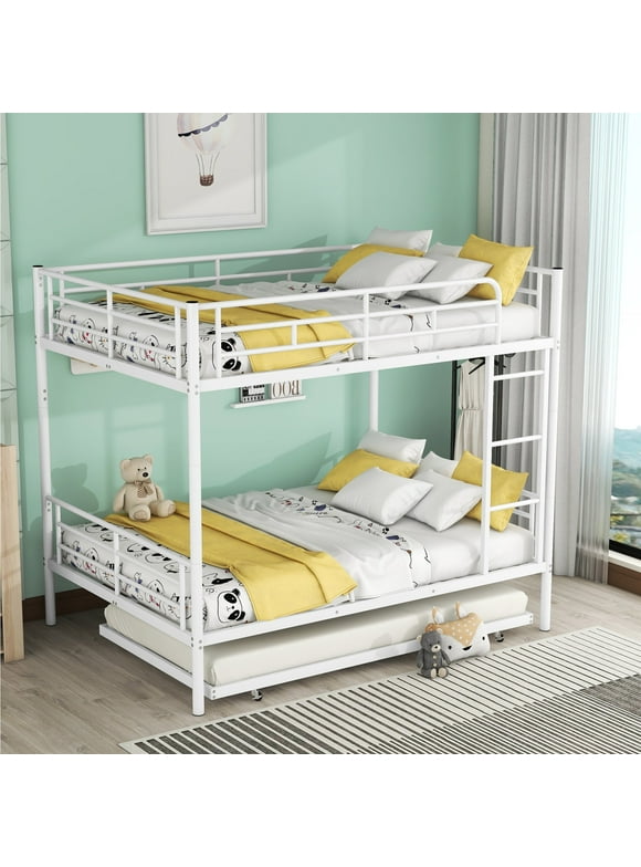 Full Over Full Metal Bunk Bed with Trundle, Heavy Duty Twin Size Metal Bunk Beds Frame with Ladders and Safety Guard Rails, No Box Spring Needed (White)