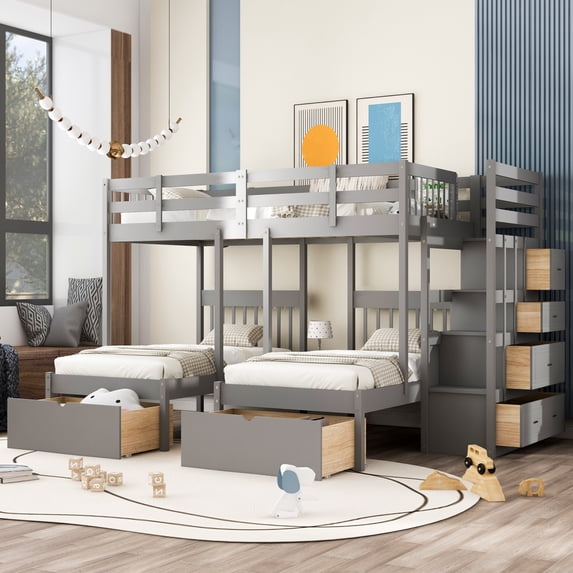 Full Over Twin Bunk Bed for 3, Wood Triple Bunk Bed Frame with Drawers and Convertible Storage Staircase, Heavy Duty 3 Bunk Beds with Full-Length Guardrails for Kids, Teens and Adults, Gray