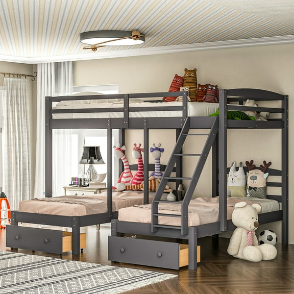 Full Over Twin & Bunk Bed In Gray - Made Of Solid Pine Wood And , Drawer Matched Merged
