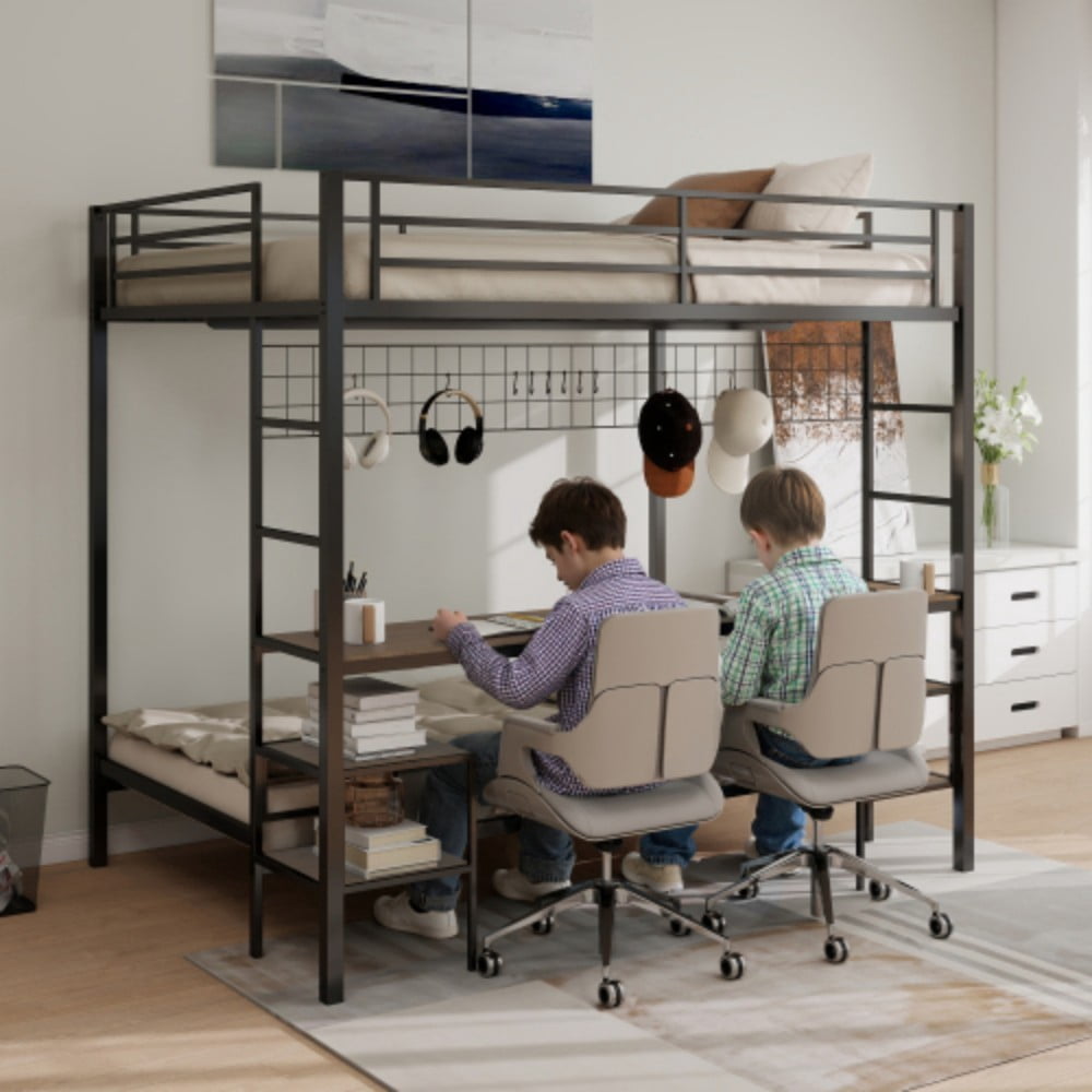 Full Over Twin Bunk Bed with Desk, Charging Station, Storage Shelves, Wire Mesh Panel & Hooks, Guardrails, Stairs, Black & Brown