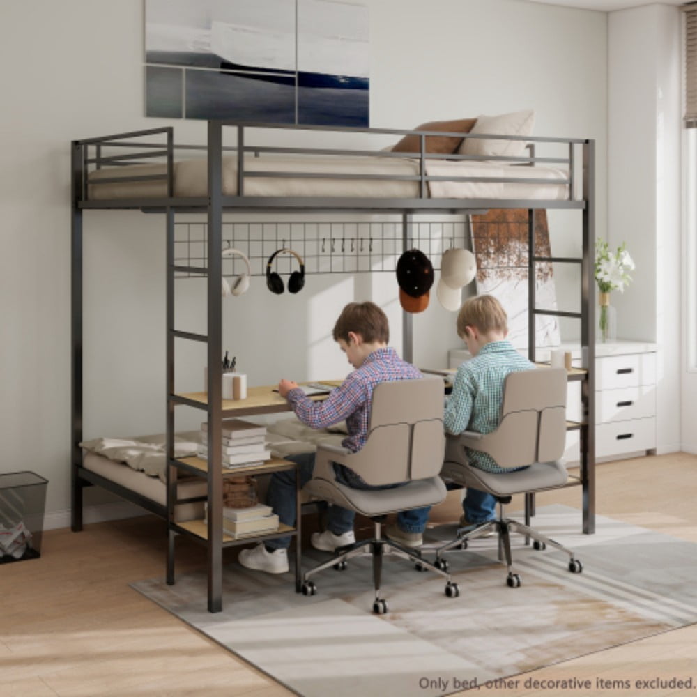 Full Over Twin Bunk Bed with Desk, Charging Station, Storage Shelves, Wire Mesh Panel & Hooks, Guardrails, Stairs, Black & Oak