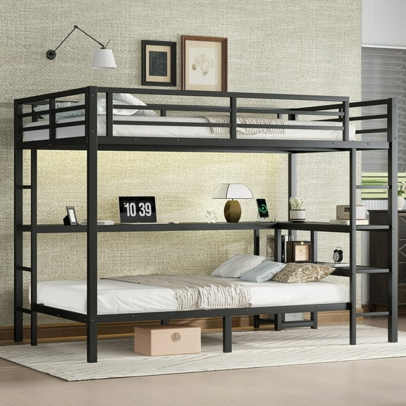 Full Over Twin Bunk Bed with Desk and Shelves, Metal Bunk Bed with LED and USB, Black