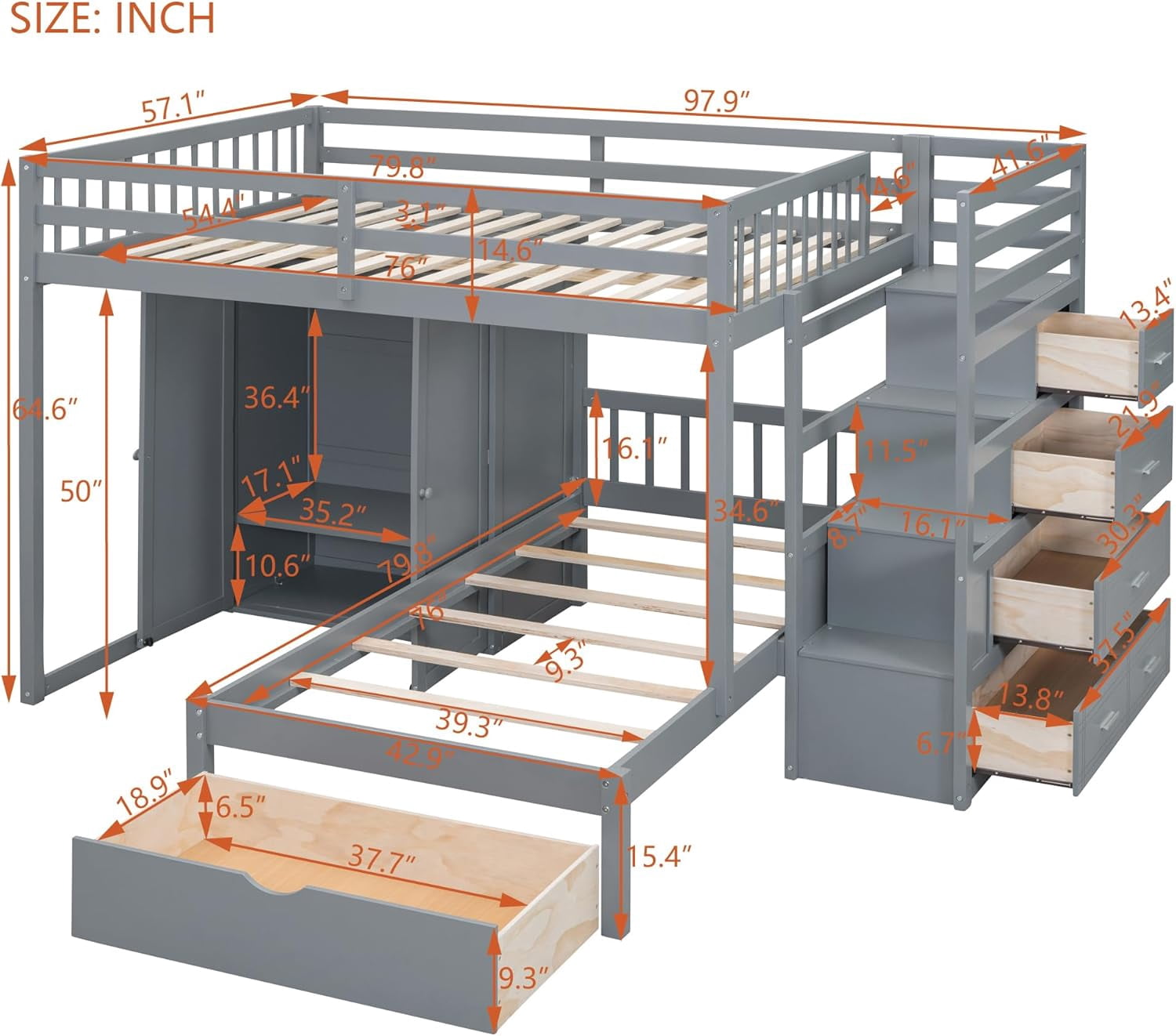 Full Over Twin Bunk Bed with Wardrobe, Drawers and Shelves | Space ...