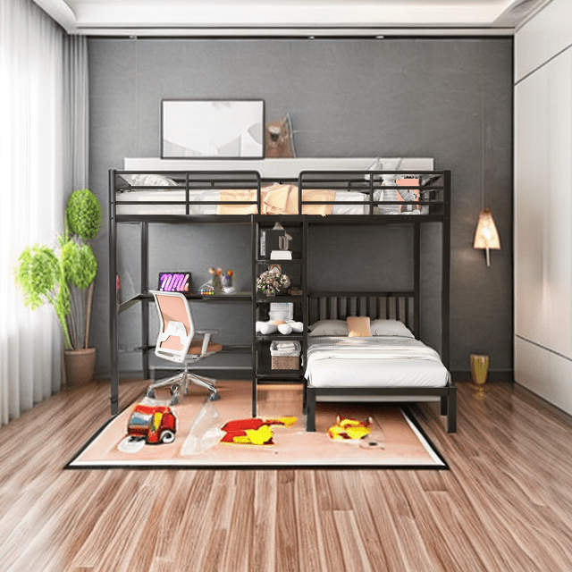 Full Over Twin Metal Bunk Bed with Built-in Desk, Shelves and Ladder ...