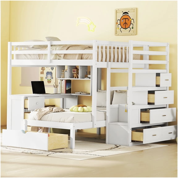 Full Over Twin Size Bunk Bed with Built-In Desk and Storage Drawers, Space Saving Wooden Loft Bed for Shared Bedroom or Studio Apartment