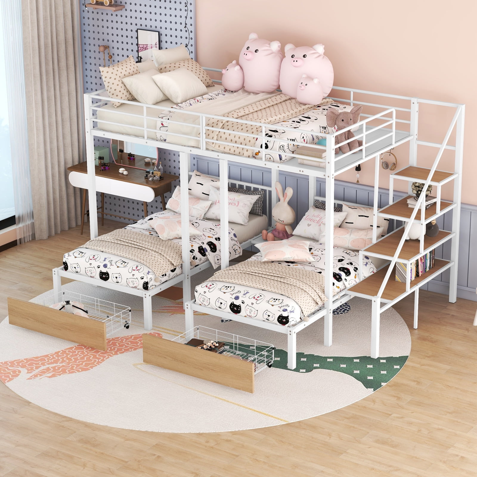 Full Over TwinTwin Triple Bunk Bed, Detachable Metal Bunk Bed with 2