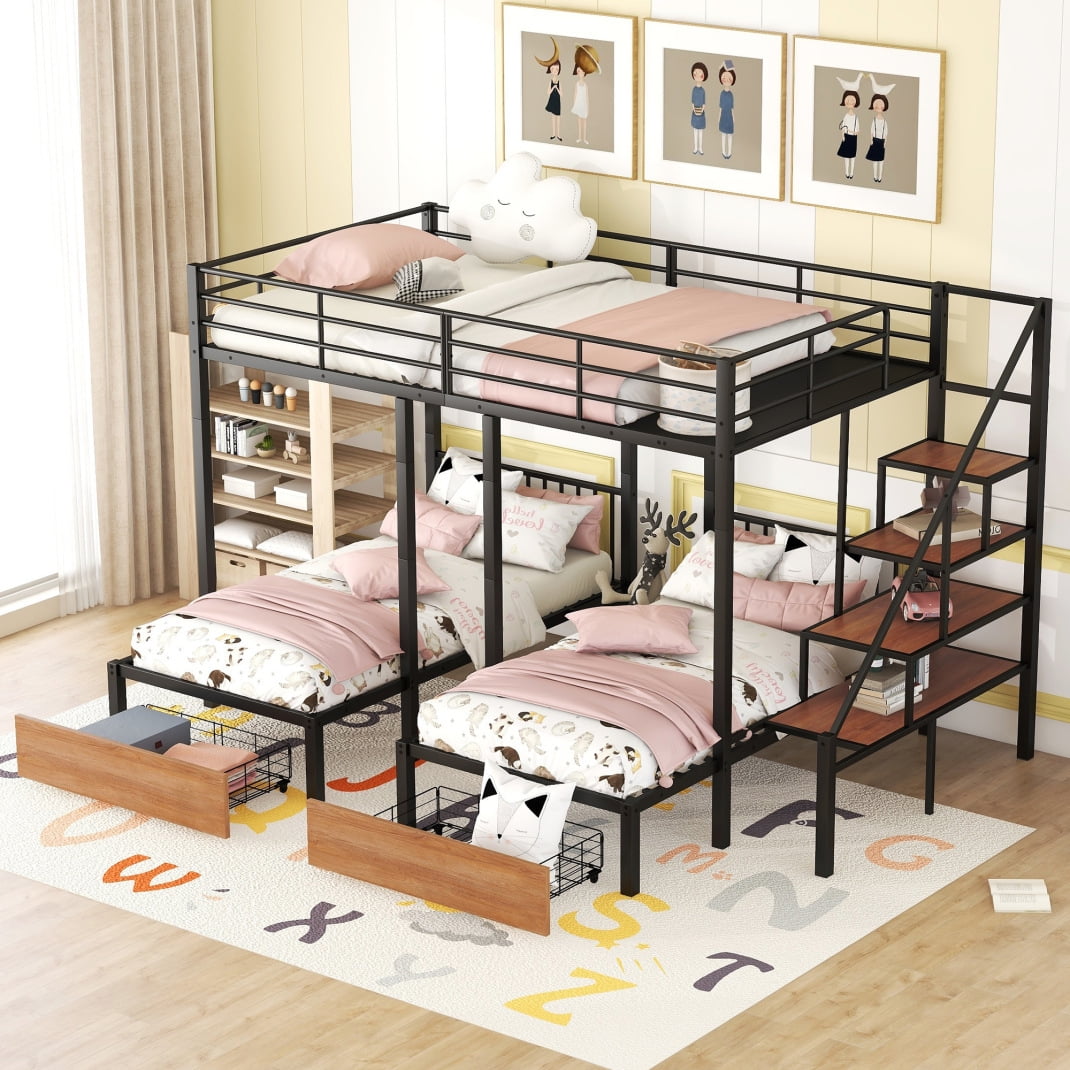 Full Over TwinTwin Triple Bunk Bed, Detachable Metal Bunk Bed with 2