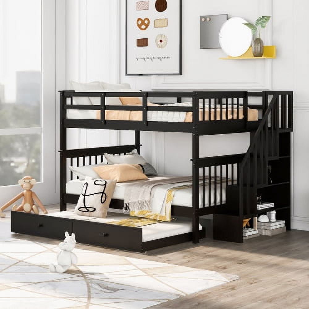 Full Over Full Wood Bunk Bed with Twin Size Trundle and 4-Storage ...