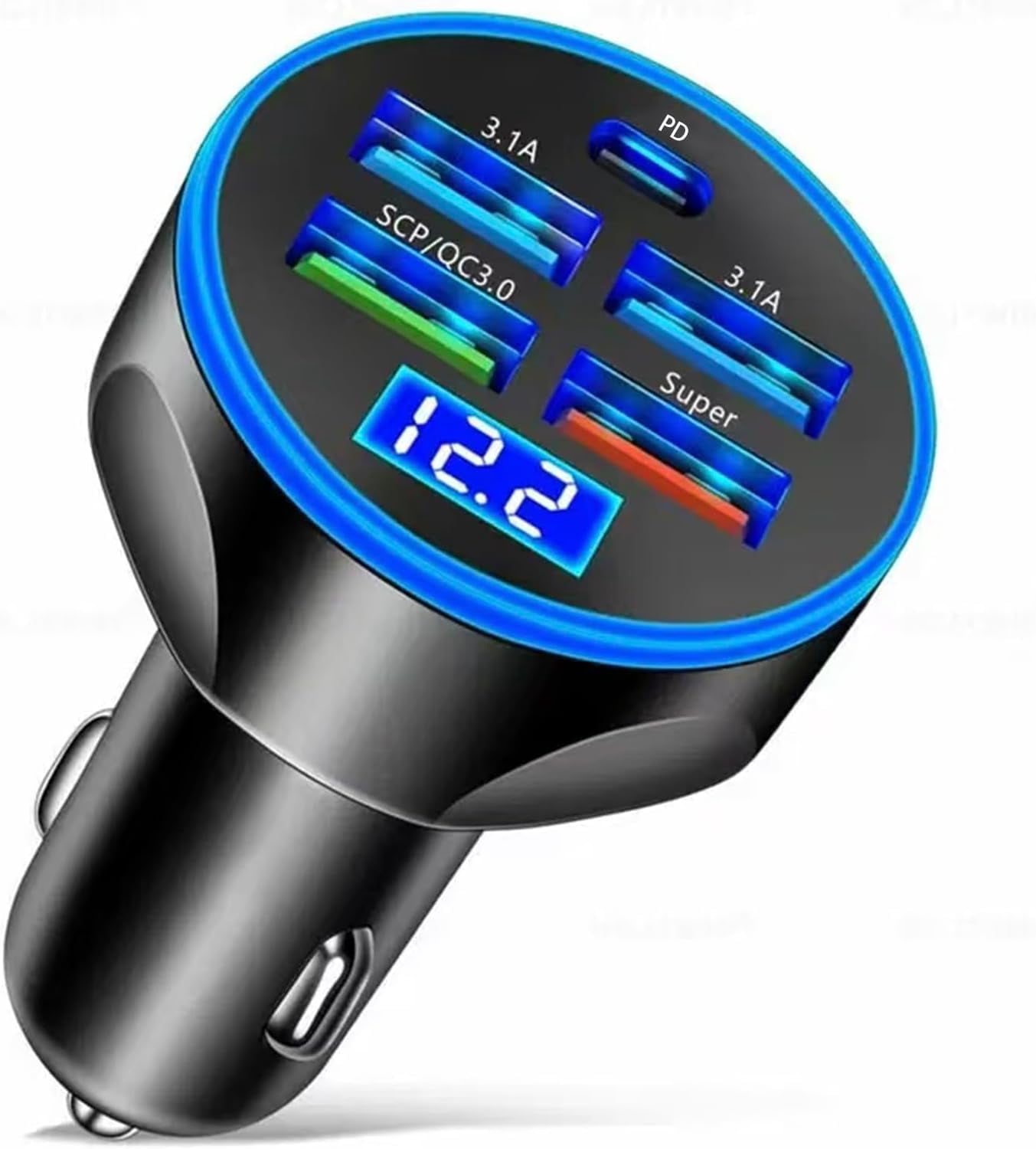 Full PD 30W Multi Port USB C Car Charger Adapter 5 in 1 with Voltage Display, PD4.0/QC4.0/PPS/AFC Super Fast Charging Cigarette Lighter Adapter with Volt Meter for MacBook iPhone Galaxy Android