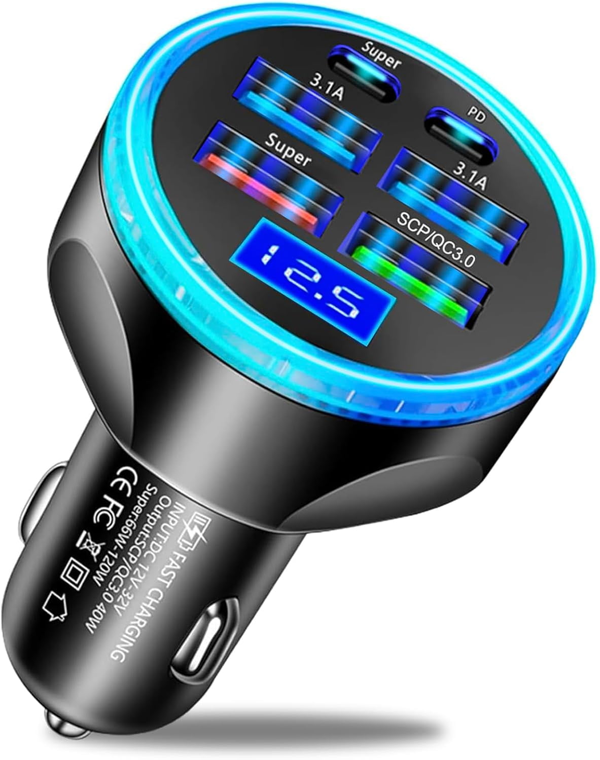 Full PD 30W Multi Port USB C Car Charger Adapter 6 in 1 with Voltage Display, PD4.0/QC4.0/PPS/AFC Super Fast Charging Cigarette Lighter Adapter with Volt Meter for MacBook iPhone Galaxy Android