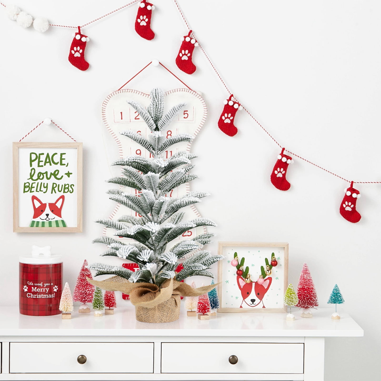 Full PE Realistic Snowy Mini Christmas Tree 50cm with 85 Tips Flocked Finish Weighted Cement Base Burlap Wrap Compact Tabletop Holiday Decor