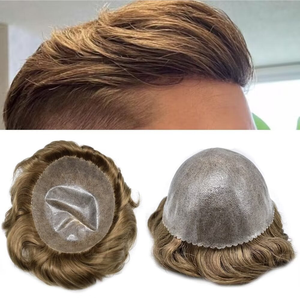 Full PU Toupee for Men Human Hair Replacement System Thin Skin Mens
