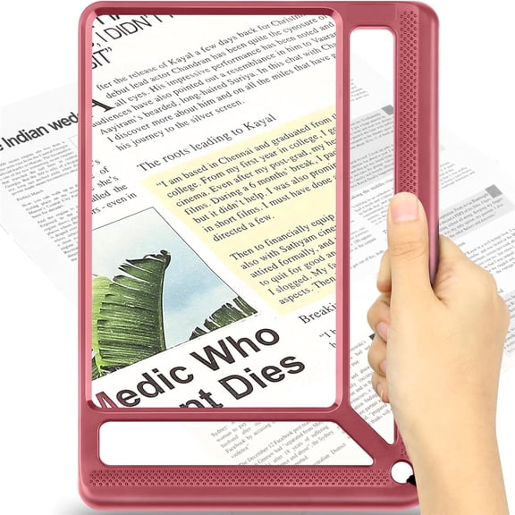 Full Page Magnifying Glass for Reading, Lightweight Rectangular Magnifier Provides Large Book Page Viewing Area, Handheld Magnifier for Reading Small Prints for Seniors, Low Vision-Red