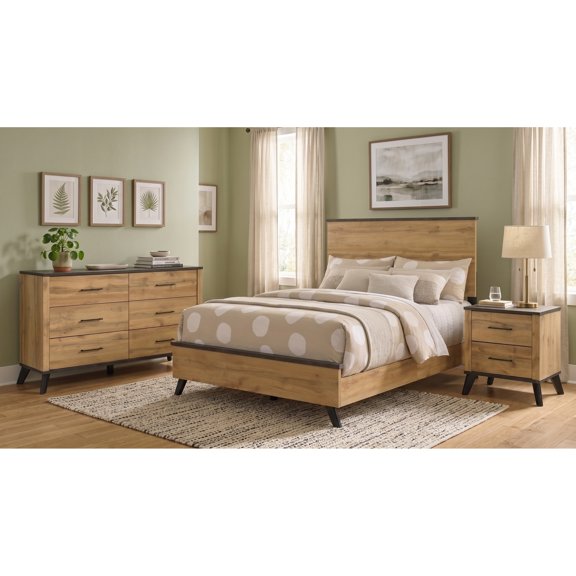 Full Panel Bed with Nightstand & 6-Drawer Dresser, Weathered Brown/Natural Pine 3-Piece Bedroom Set, Engineered Wood, Matte Black Pulls, English Dovetail, Rustic Mid-Century